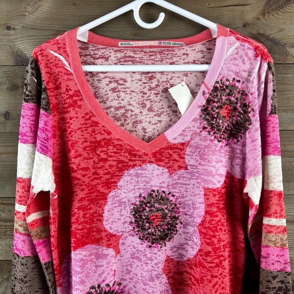 Before + Again Womens Shirt Thermal Waffle Knit Vneck Floral Striped Boho XL - Picture 2 of 7